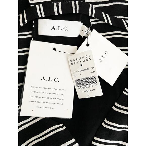 A.L.C. Women's V Split Neck Halter Mini Dress Crepe Silk Black White Stripes NWT - Picture 4 of 8
